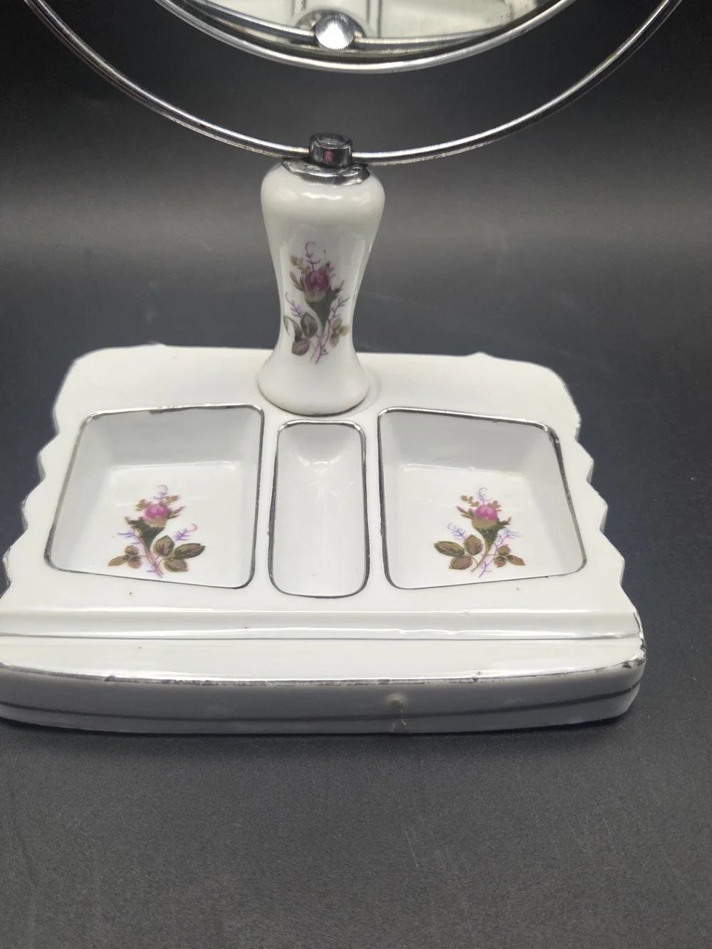 Vintage Porcelain Swivel Vanity Mirror with Floral Divided Trinket Tray